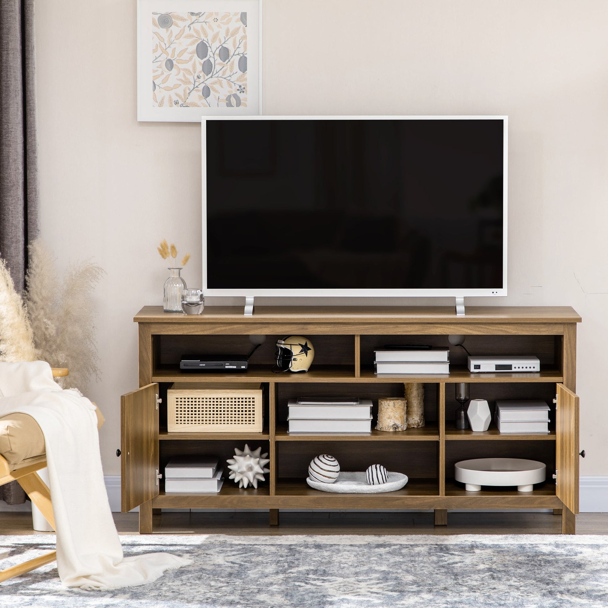 TV Stand for TVs up to 55", TV Unit with Storage Cupboard and Shelves, 55.1" x 15.7" x 27", Walnut TV Stands   at Gallery Canada