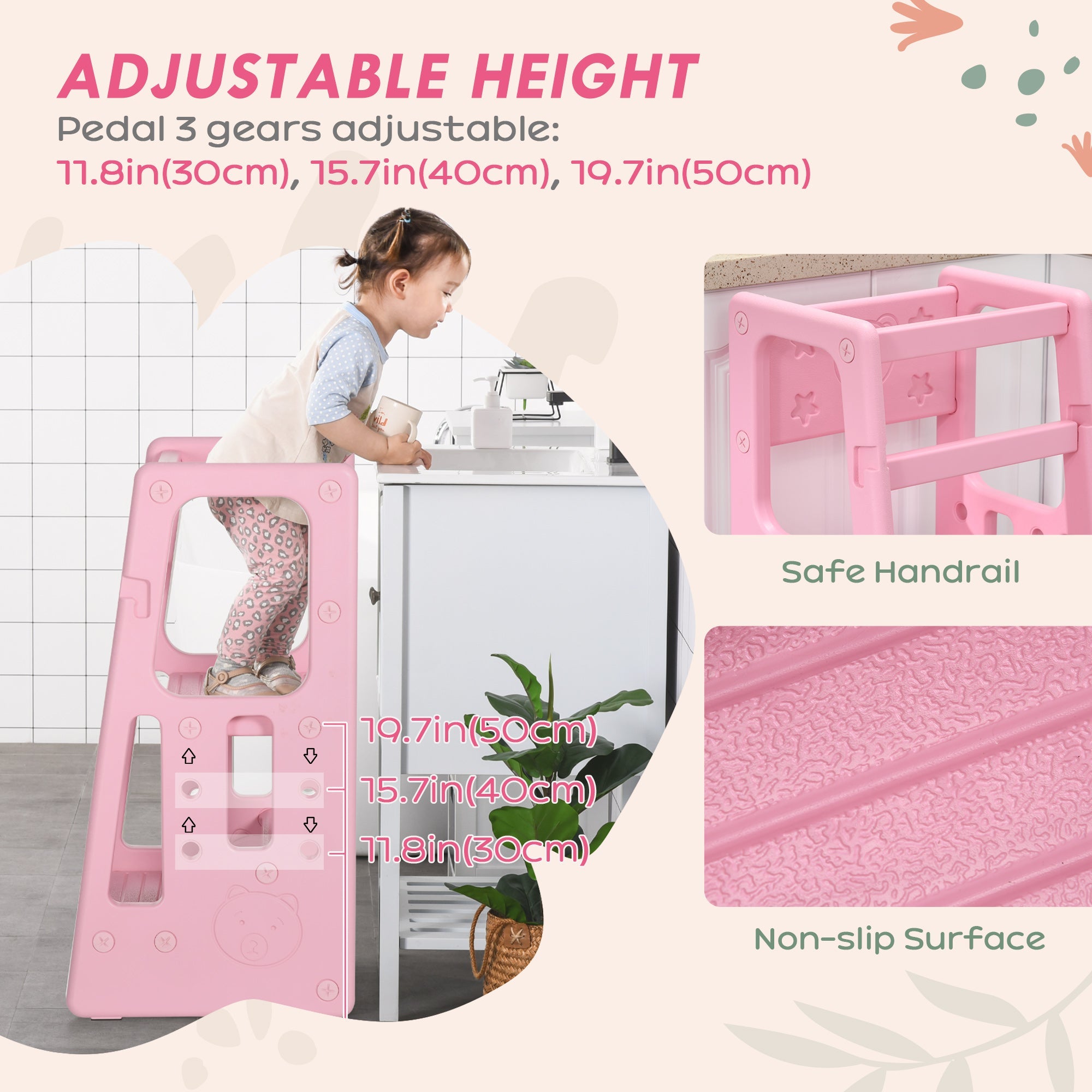 Toddler Kitchen Helper 2 Step Stool with Adjustable Height Platform and Safety Rail, Pink Toddler & Kids Step Stools   at Gallery Canada