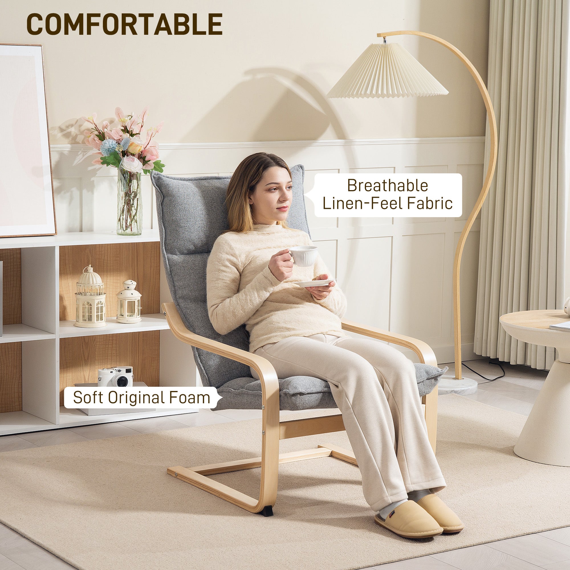 Modern Armchair, Upholstered Accent Chair with Curved Leg and Arm, Leisure Lounge Chair for Living Room, Light Grey Accent Chairs at Gallery Canada