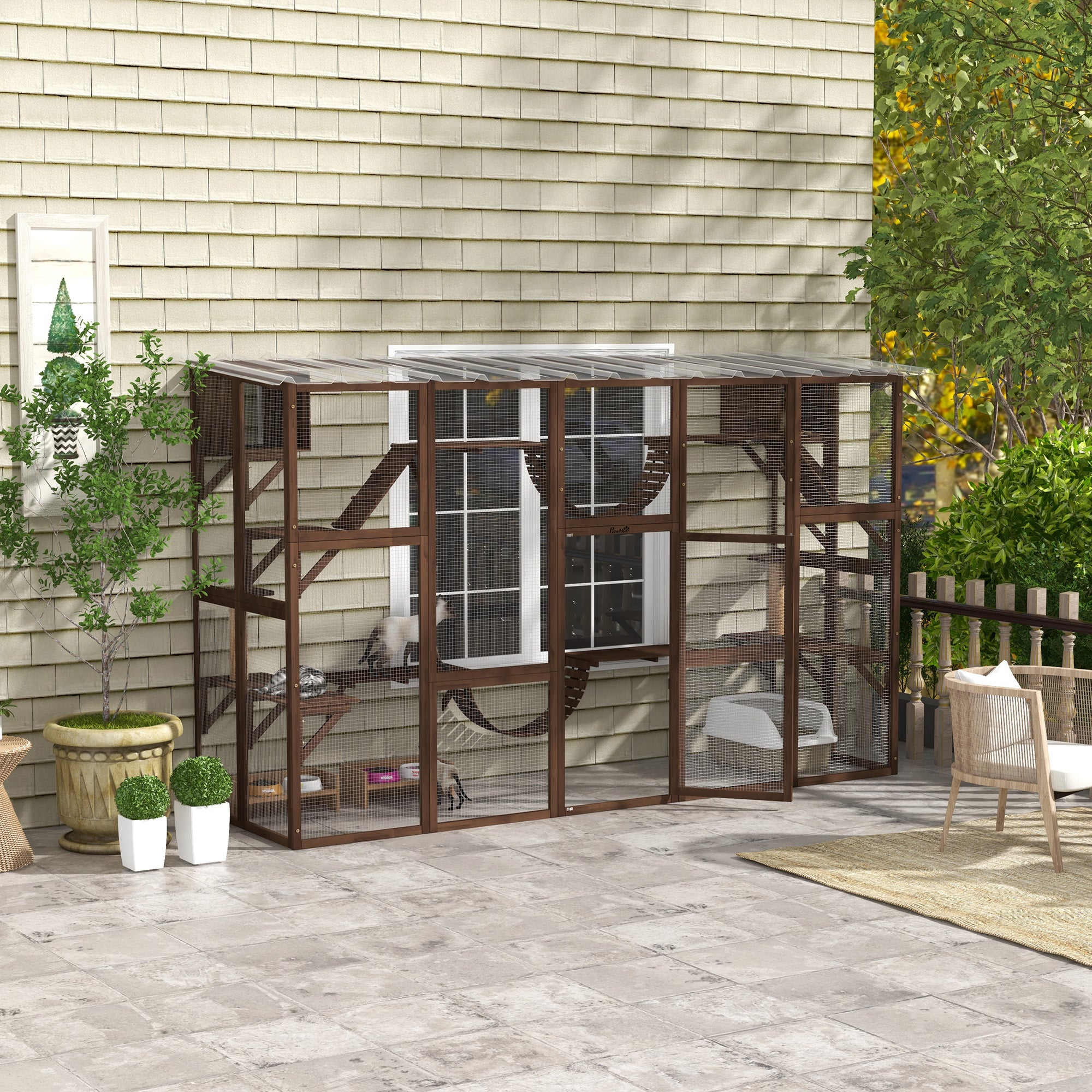 Large Outdoor Catio with Condos, Platforms, Doors, Ladders, Weather-Resistant Roof, Espresso Outdoor Cat Enclosures at Gallery Canada