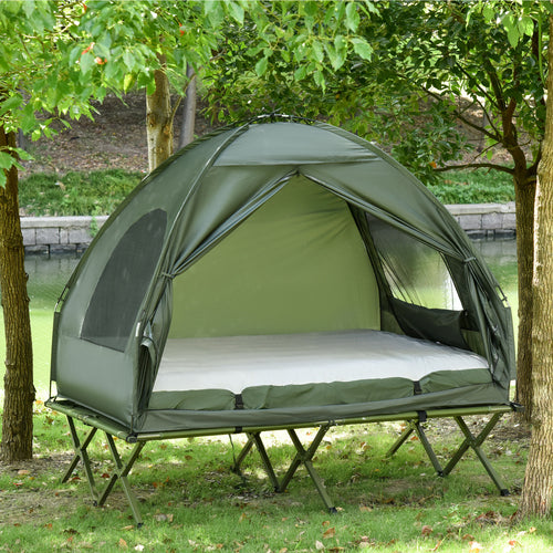 All in 1 Camping Combo Portable Folding Camping Tent Cot Air Mattress w/ Carry Bag and Pump Hiking Shelter Sleeping Bed Dark Green