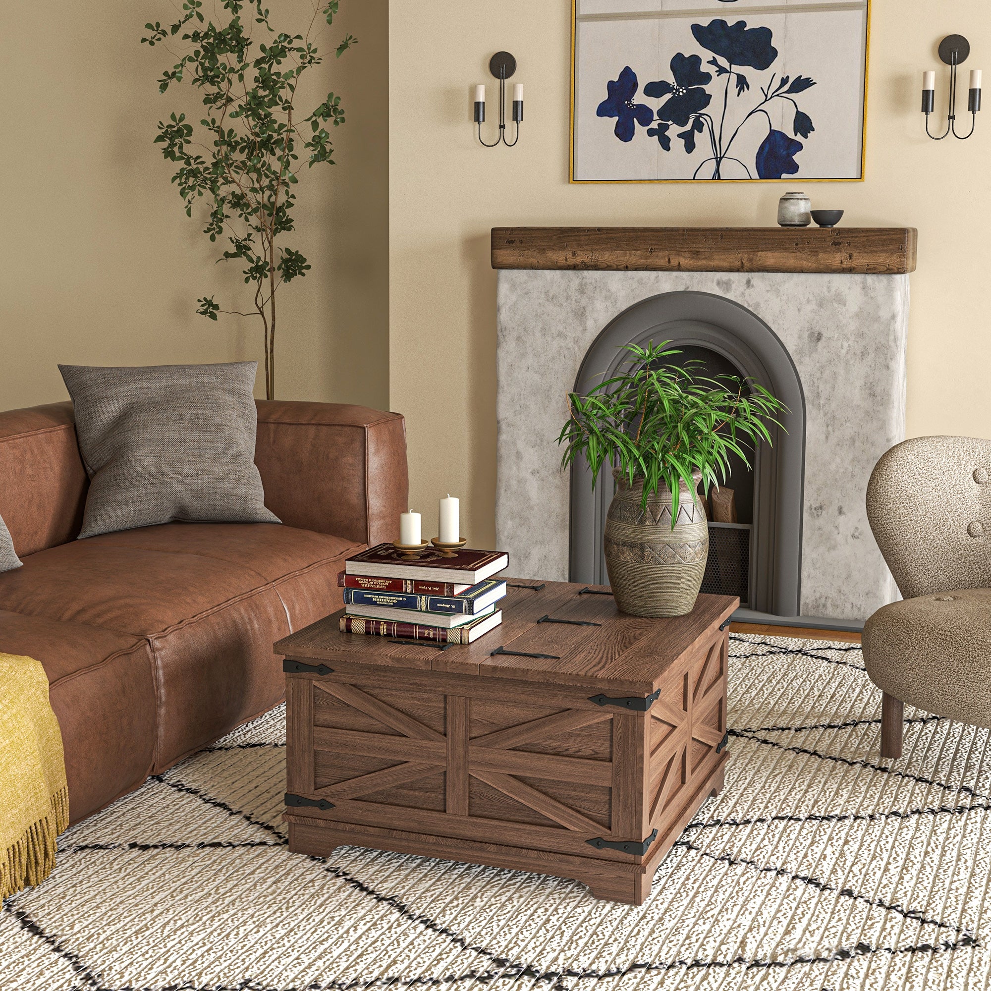 Farmhouse Coffee Table, Square Center Table with Flip-top Lids, Hidden Storage Compartment, Brown Coffee Tables at Gallery Canada