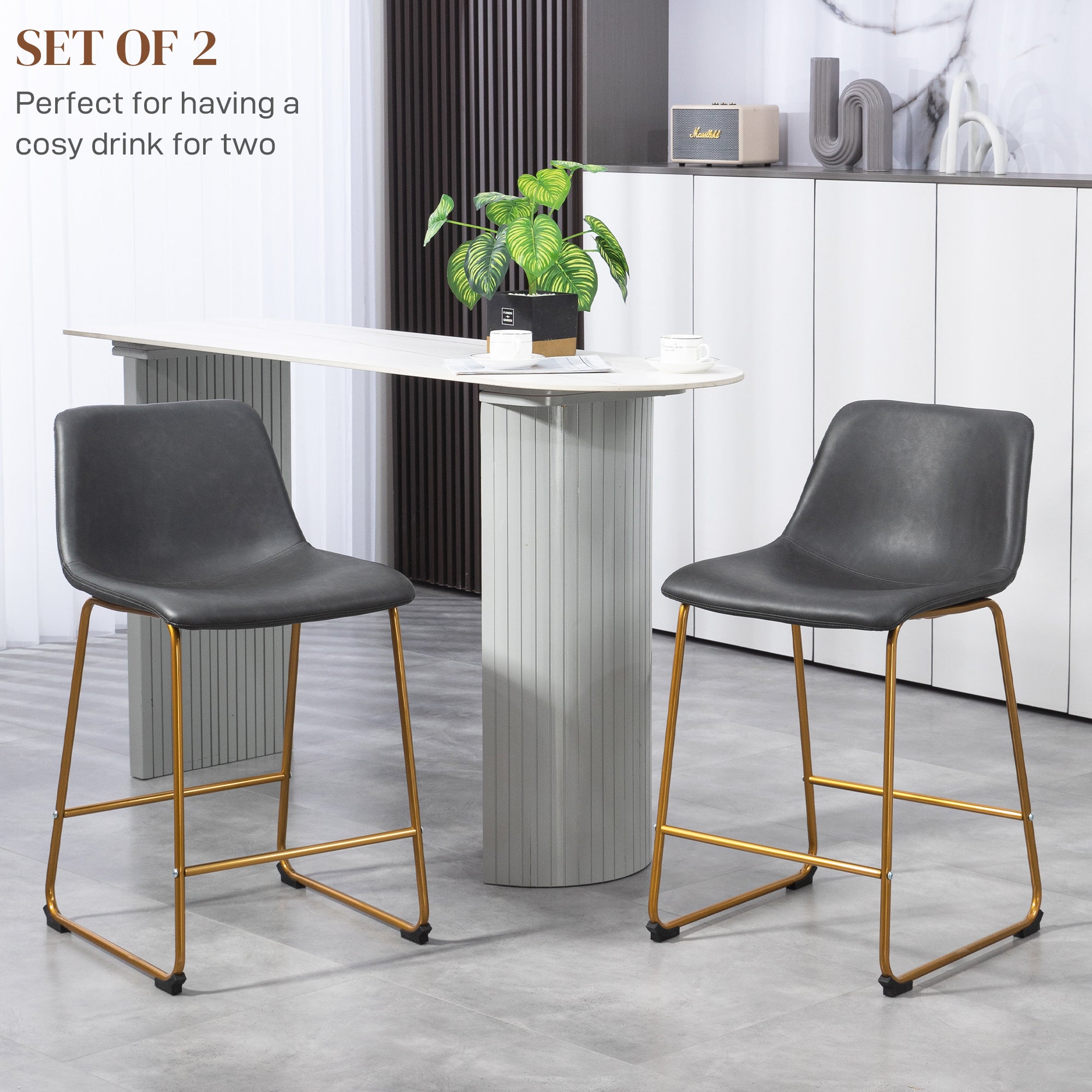 Counter Height Stools Set of 2, PU Leather Upholstered Stools for Kitchen Island, Modern Bar Chairs, Dark Grey Bar Stools   at Gallery Canada