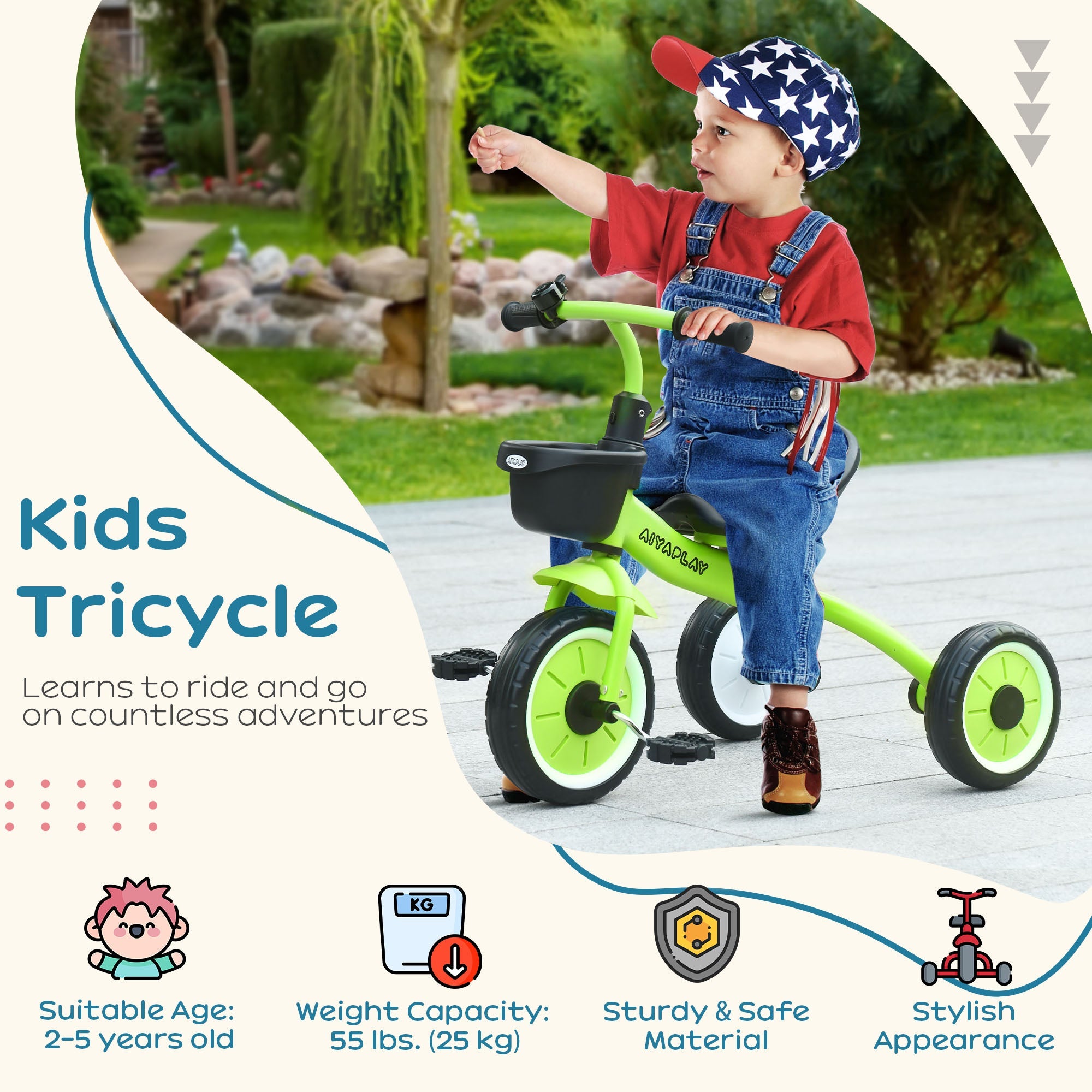 Tricycle for Toddler 2-5 Year Old Girls and Boys, Toddler Bike with Adjustable Seat, Basket, Bell, Green Tricycles for Kids   at Gallery Canada