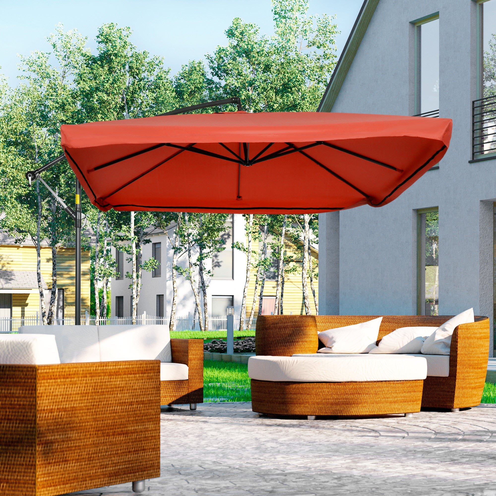 Offset Patio Umbrella with Net and Umbrella Base, Adjustable Cantilever Canopy with Cross Base, Weight Plates and 8 Ribs for Backyard, Poolside, Garden, Wine Red Cantilever Umbrellas at Gallery Canada