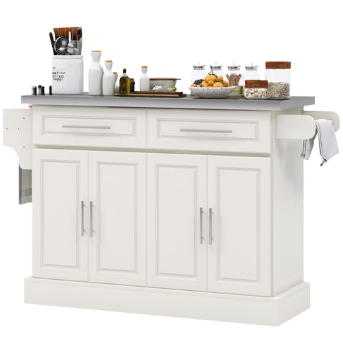 Rolling Kitchen Island with Storage and Stainless Steel Top, Kitchen Trolley with Drawers, Cabinets, Towel Rack, Cream