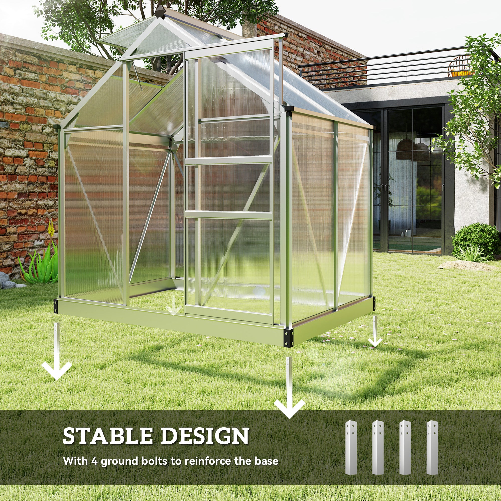 6' x 4' x 6.6' Polycarbonate Greenhouse, Walk-In Green House Kit Garden, Plants Grow, Galvanized Sheet Aluminum Frame with Rain Gutter, Vent and Sliding Door, Silver Walk In Greenhouses at Gallery Canada