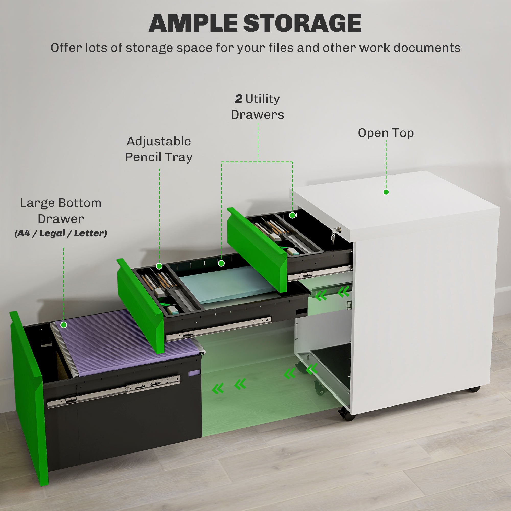 3 Drawer Filing Cabinet, Lockable Office Storage Cabinet on Wheels for Legal, Letter, A4 Files, Green Office Cabinets & Cupboards at Gallery Canada