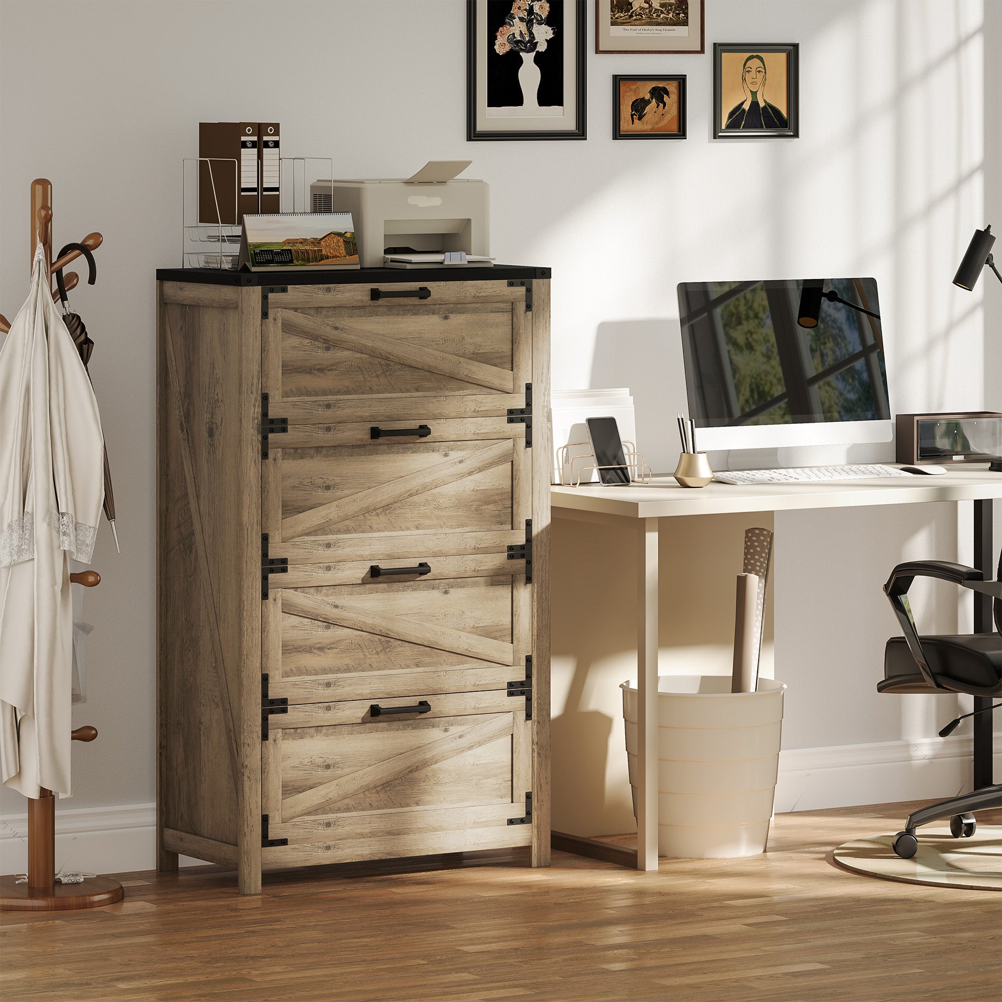 4 Drawer Filing Cabinet, Farmhouse Office Storage Cabinet with Adjustable Hanging Bars for Letter, A4, Legal Size, Grey Office Cabinets & Cupboards at Gallery Canada