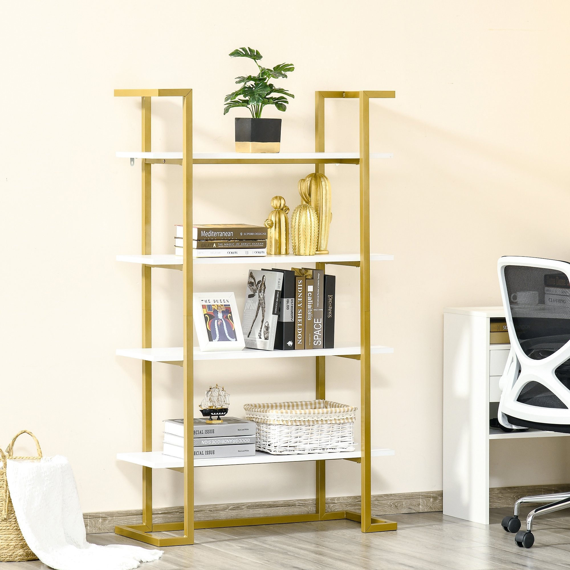 4-Tier Bookshelf, Bookcase Ladder Shelf with Stable Metal Frame, Tall Organizer Multifunctional Rack for Living Room, Bedroom, Kitchen, White and Gold Display Bookshelves   at Gallery Canada