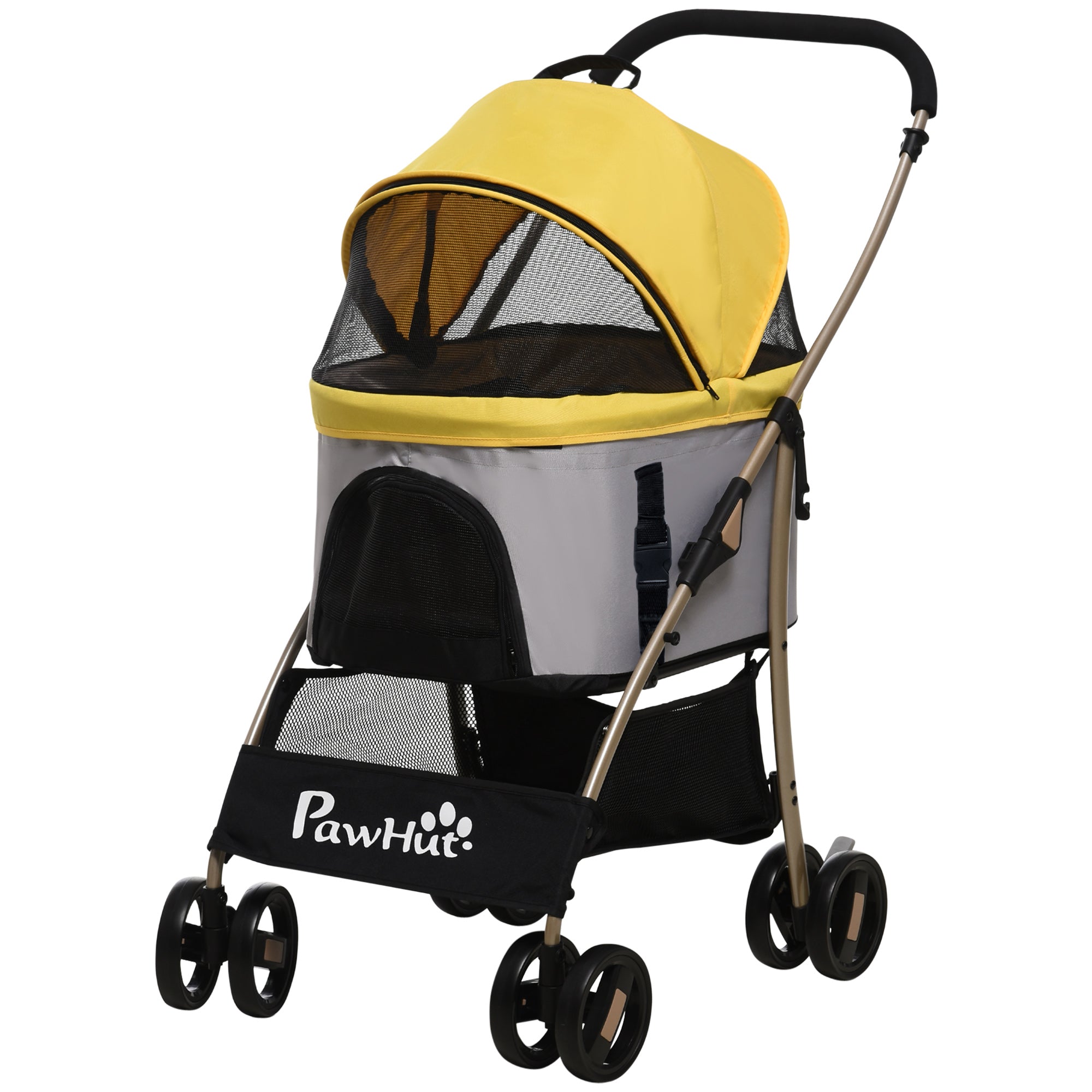4 Wheels Pet Stroller, 3 in 1 Dog Cat Travel Folding Carrier, for Small Dogs, Detachable, w/ Brake, Canopy, Basket, Storage Bag - Yellow Dog Bike Trailers & Strollers at Gallery Canada