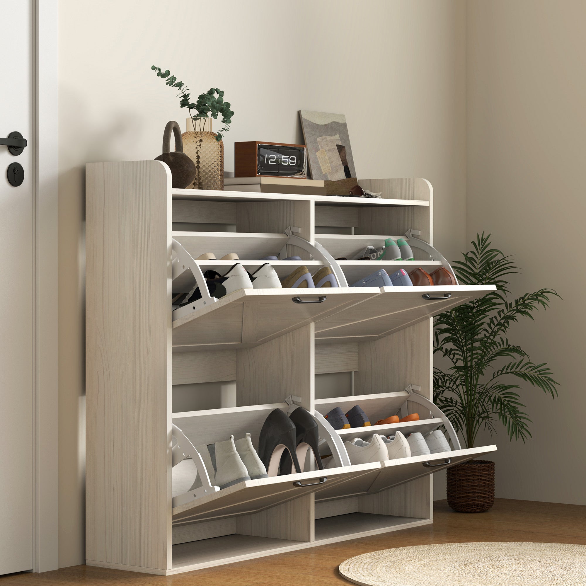 Narrow Shoe Storage Cabinet with 4 Flip Drawers, Adjustable Shelves, 16 Pair Farmhouse Shoe Cabinet, White Oak Shoe Storage Cabinets & Racks at Gallery Canada