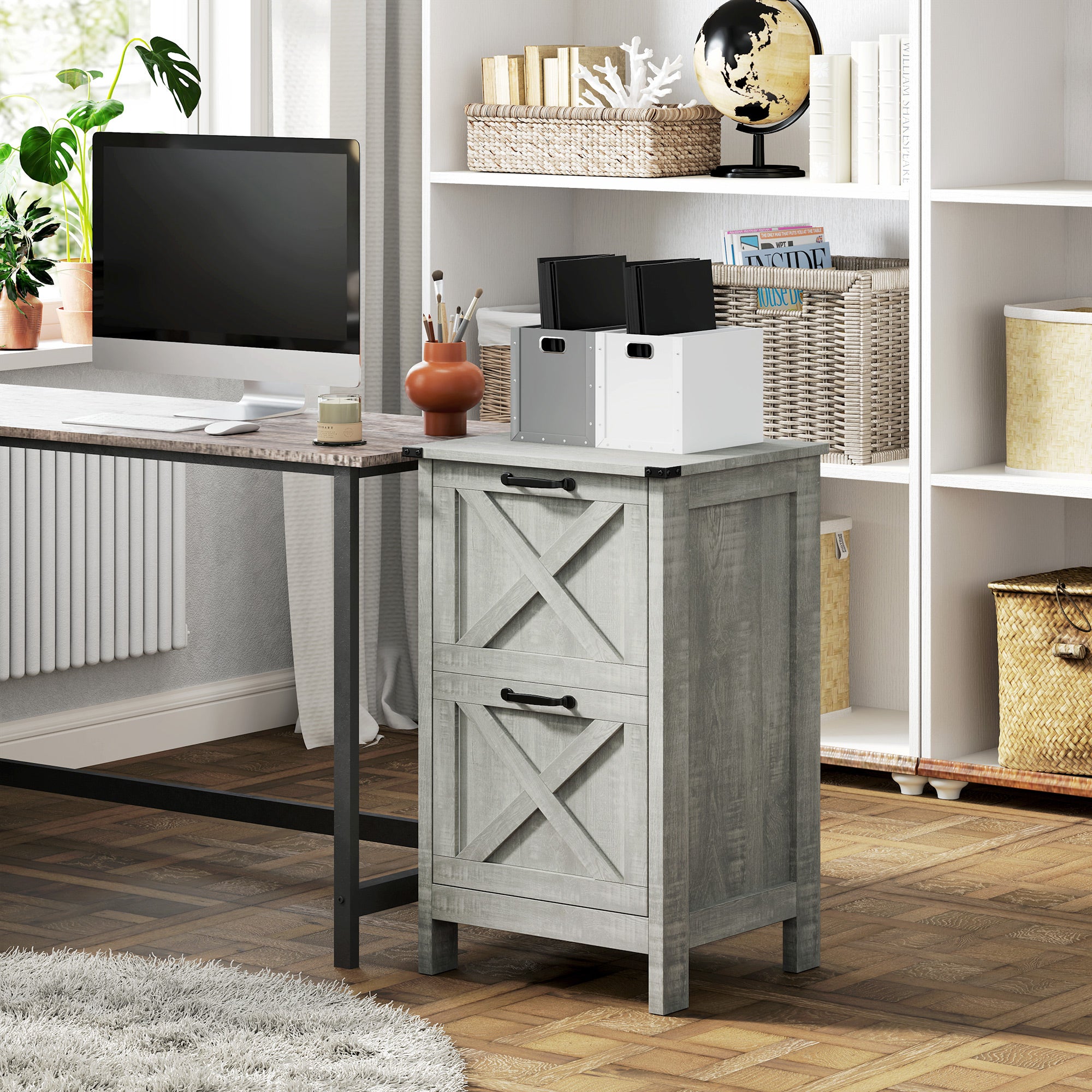 Vertical Filing Cabinet with 2 Drawers, Rustic Farmhouse Office Storage Cabinet for A4, Letter Size, Stone Grey Office Cabinets & Cupboards at Gallery Canada
