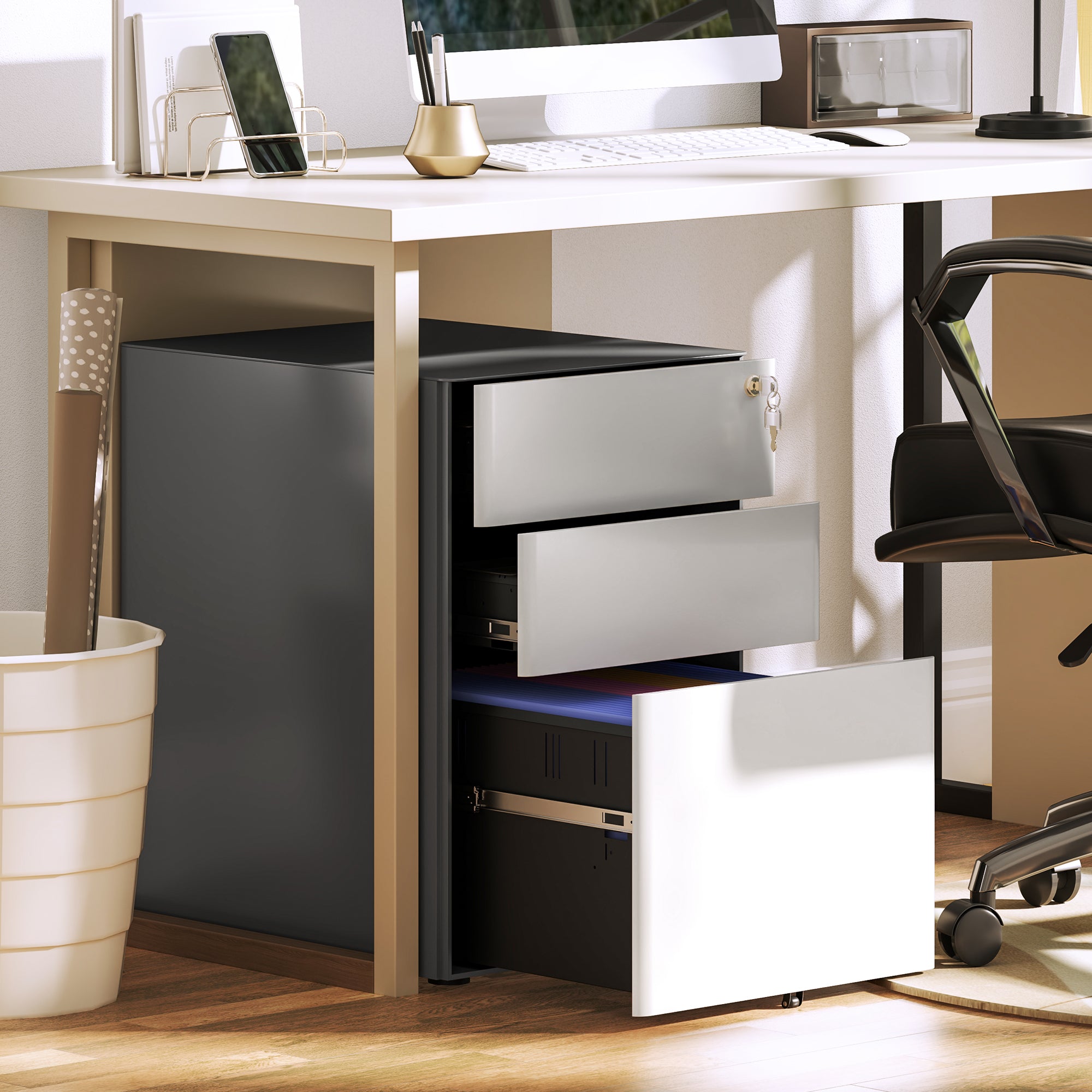 3 Drawer Filing Cabinet, Home Office Storage Cabinet with Wheels, Lock for A4, Letters, Legal-sized Files, Grey and White Office Cabinets & Cupboards at Gallery Canada