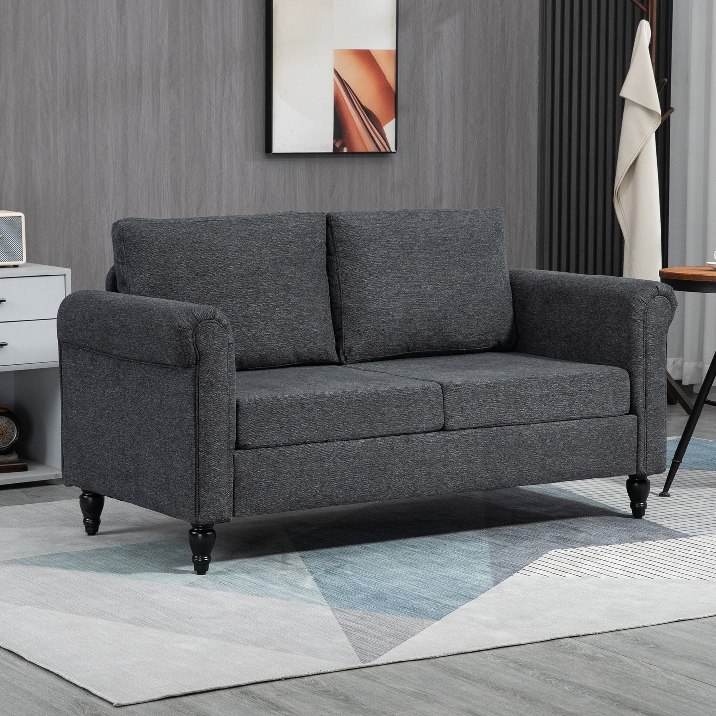 Modern 57.75" Loveseat with Curved Armrests, 2 Cushions, Rubber Wood Legs, Dark Grey 2-Seater Sofas   at Gallery Canada