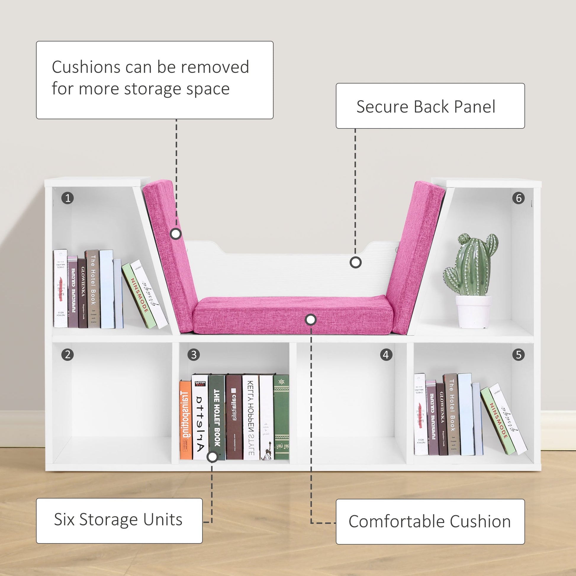 6-Cubby Kids Bookcase w/ Cushioned Seat Reading Nook Storage Organizer Cabinet Shelf Children Bedroom Decor Room White/Pink Small Bookshelves   at Gallery Canada