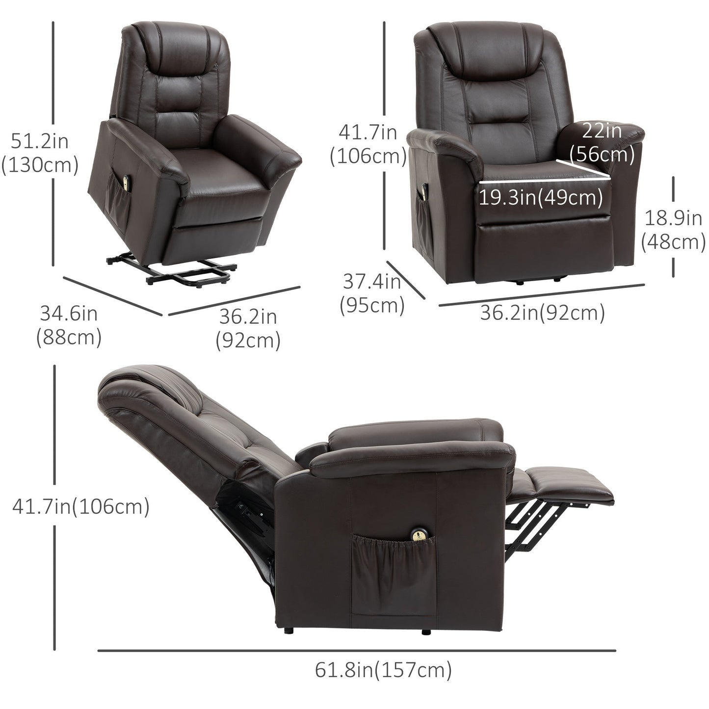 Electric Power Lift Chair for Elderly, PU Leather Recliner Sofa with Footrest and Remote Control for Living Room, Brown Electric Power Lift Chairs   at Gallery Canada