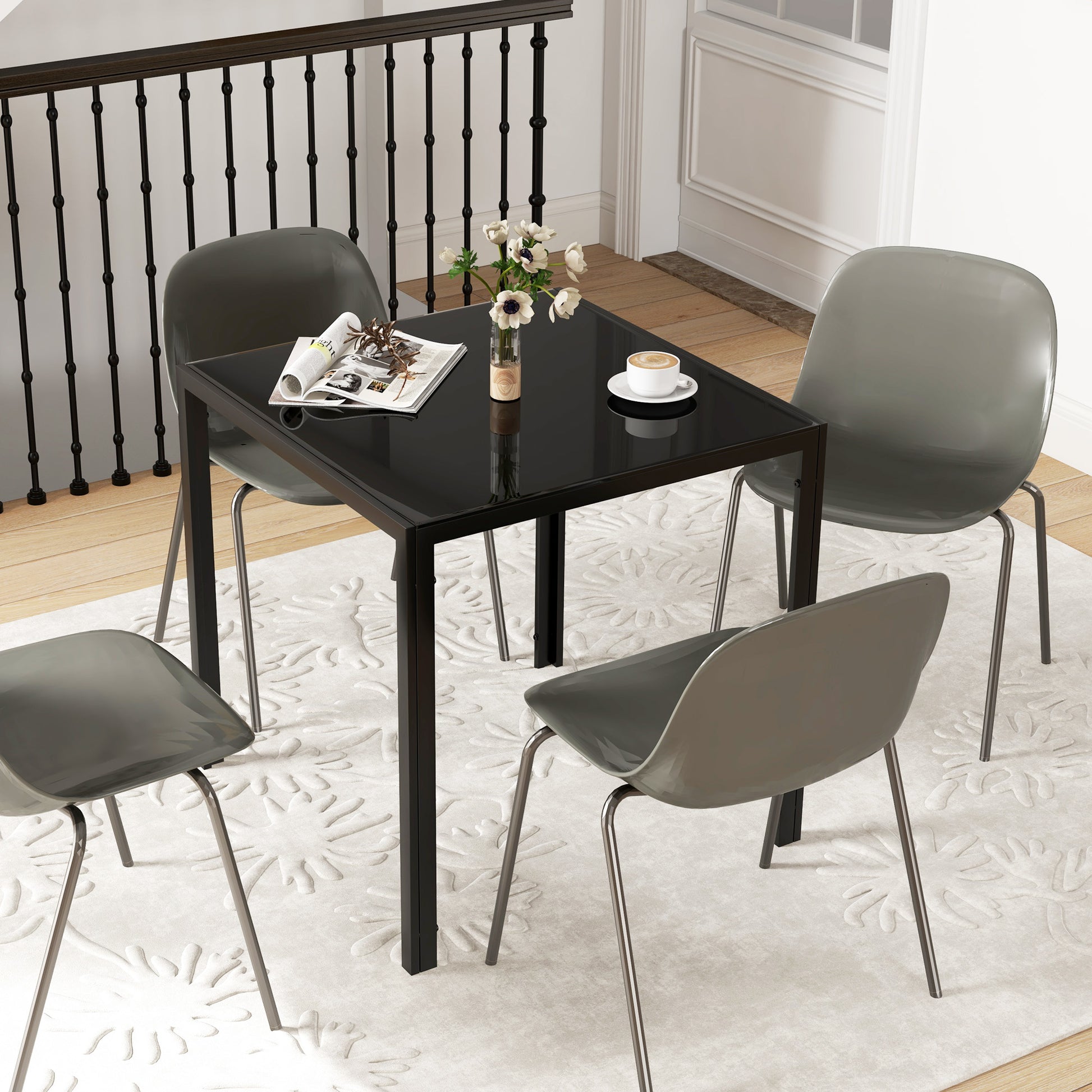 Square Kitchen Table for 2-4 People, Dining Table with Glass Top and Steel Legs for Dining Room, Black Dining Tables   at Gallery Canada