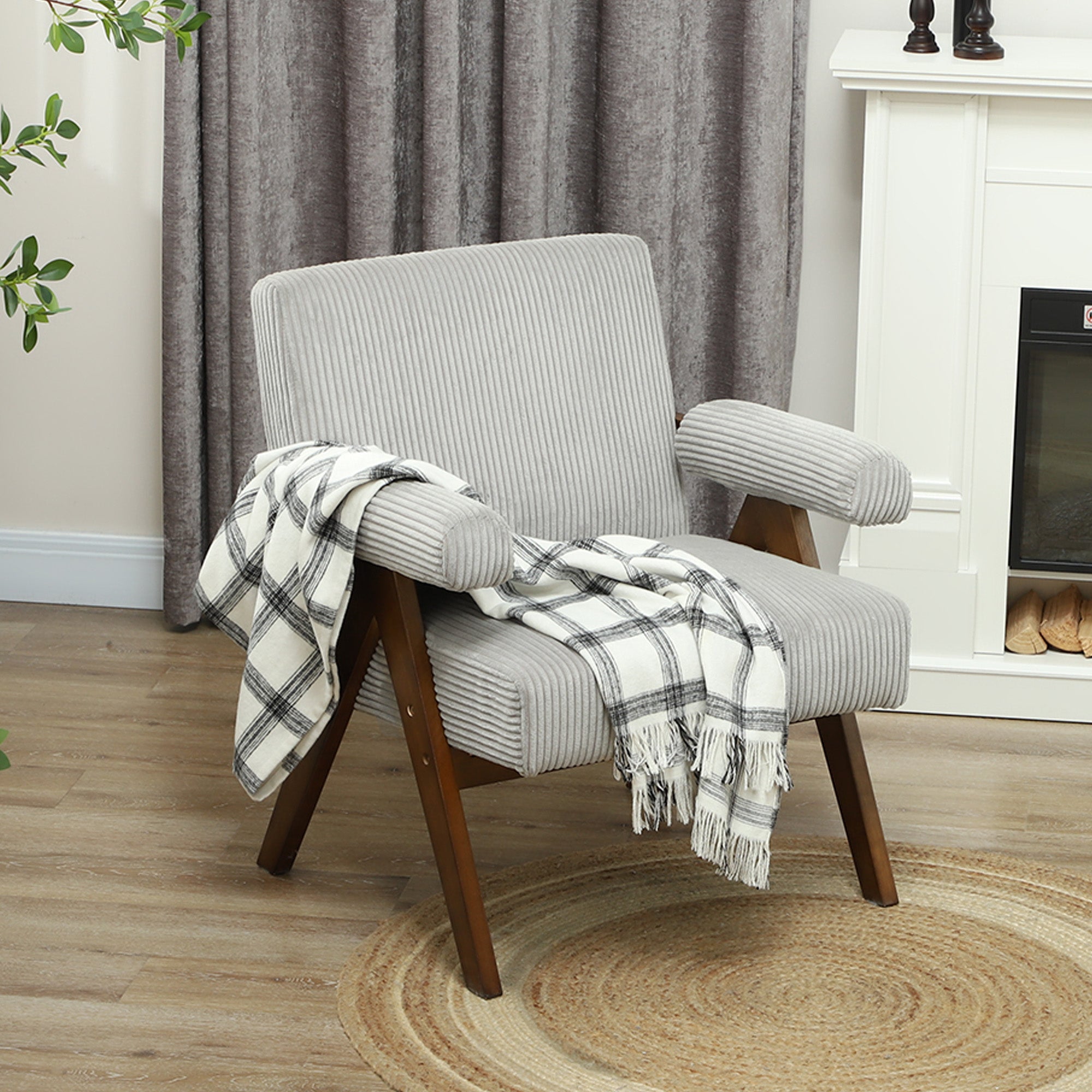 Corduroy Accent Chair Armchair with Wide Seat and Soft Padded Armrests for Reading, Bedroom, Light Grey Accent Chairs   at Gallery Canada