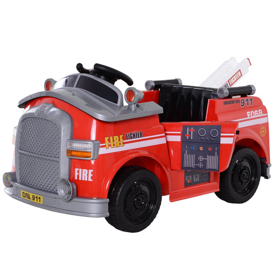 6V Kids Ride-On Car Fire Truck Pretend Play Toy Car with Parental Remote Control, Safety Belt, Realistic Lighting, working steering wheels, horn and lift ladder (Red) - Gallery Canada