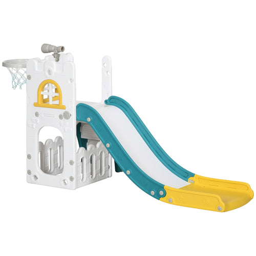 4 in 1 Toddler Slide with Basketball Hoop, Climber, Telescope, Storage Basket, for 1-3 Years Kids Indoor Use, Yellow