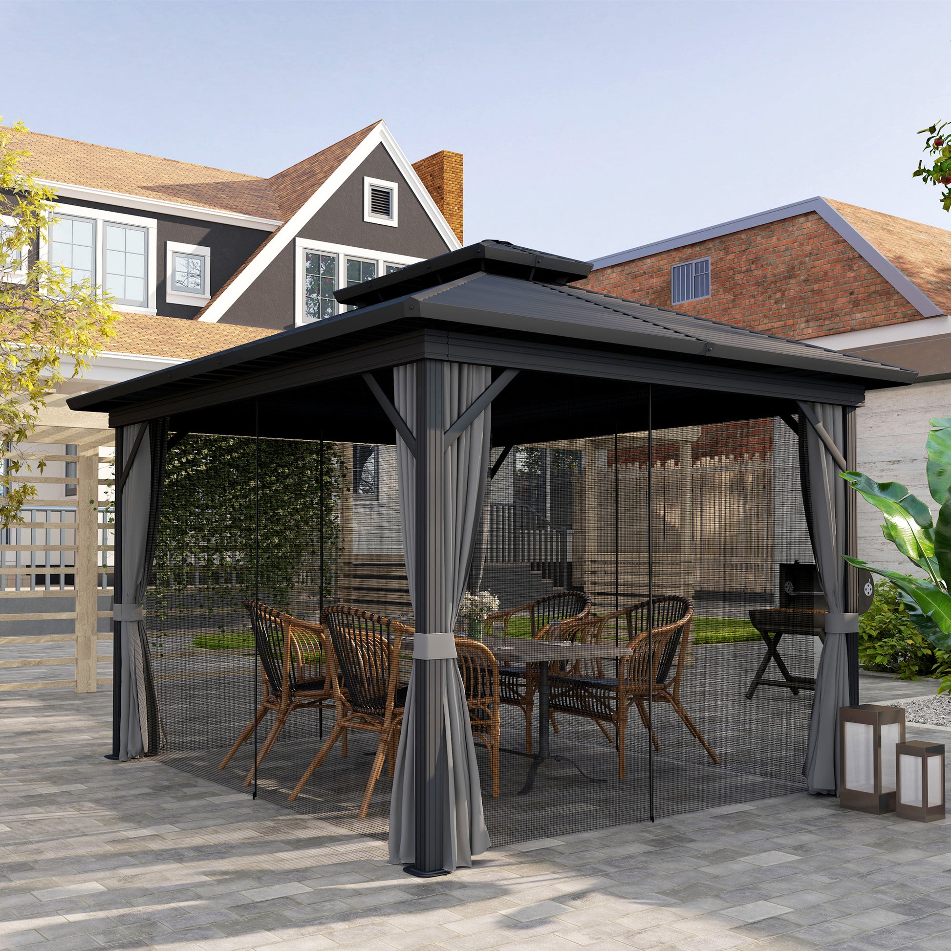 10' x 12' Hardtop Gazebo, Sun Shelter with Double Tier Metal Roof, Mosquito Netting, and Hanging Hook, Light Grey Gazebos at Gallery Canada