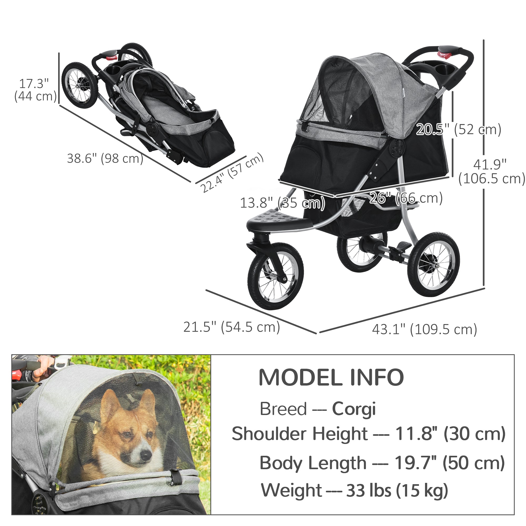 Pet Stroller with 3 Wheels, One-click Folding Design, Adjustable Canopy, Zippered Mesh Window Door, Grey Dog Bike Trailers & Strollers   at Gallery Canada