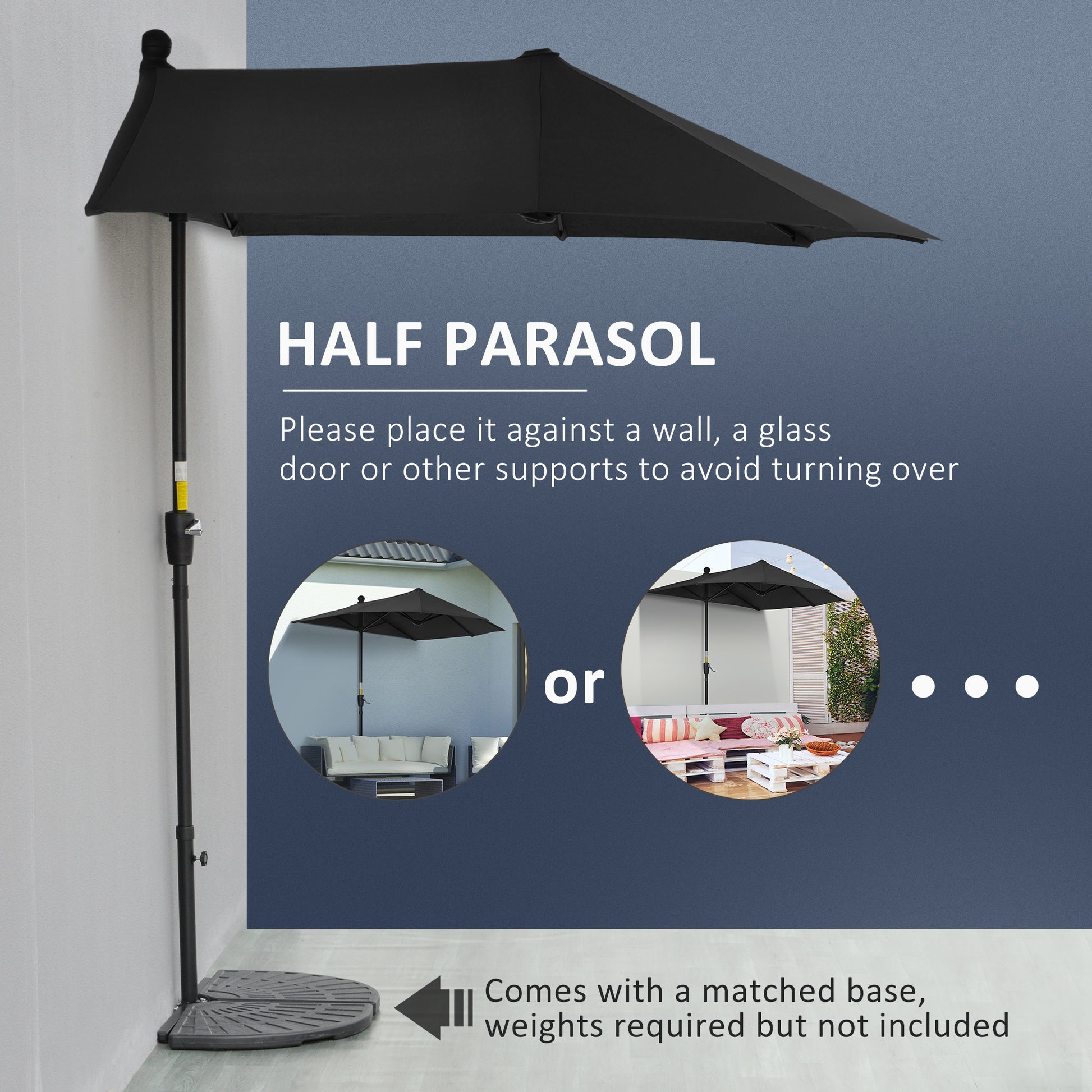 6.6 x 6ft Half Patio Umbrella Outdoor Parasol with Double-Sided Canopy, Crank Handle, Base for Garden, Balcony, Black Patio Umbrellas   at Gallery Canada