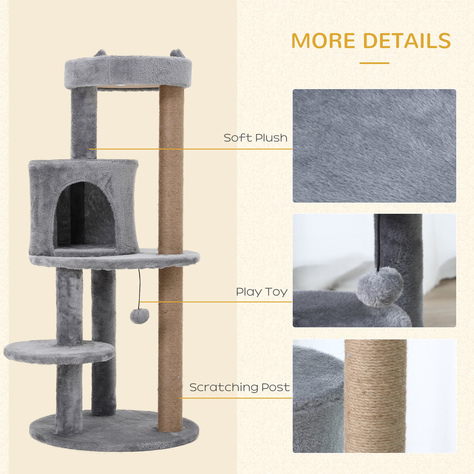 41" Cat Tree Tower with Condo, Scratching Posts and Hanging Ball, Grey Cat Towers   at Gallery Canada