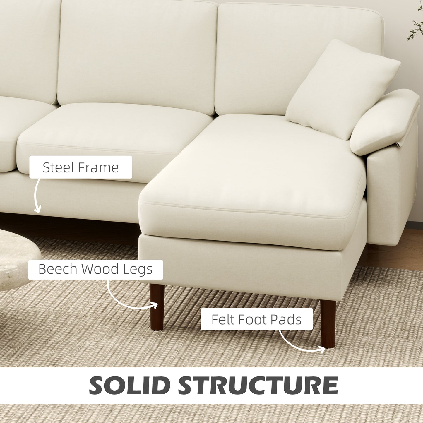 L-Shape Sofa, Modern Sectional Couch with Changeable Chaise Lounge, Pillows and Wooden Legs for Living Room, Cream White 3-Seater Sofas   at Gallery Canada