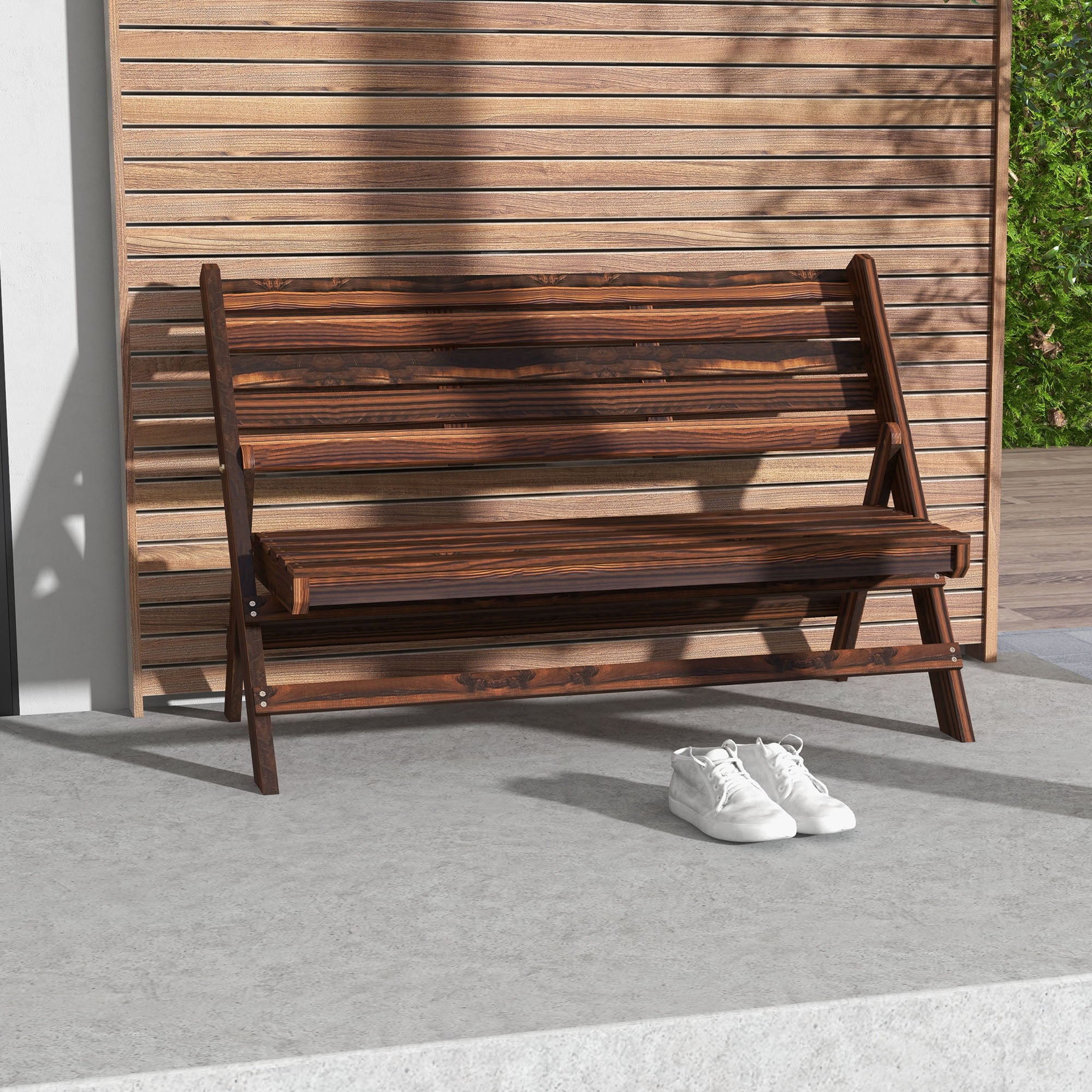 2-Seater Wooden Outdoor Bench, Foldable Garden Bench with Slatted Backrest and Seat, Patio Loveseat, Carbonised Finish Outdoor Benches at Gallery Canada