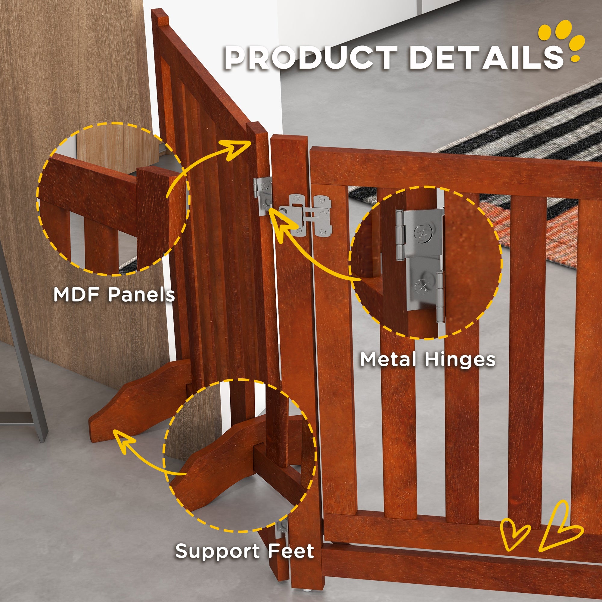 Foldable Dog Gate with Door, 4 Panels Fressstanding Pet Gate, Brown Houses, Kennels & Pens   at Gallery Canada