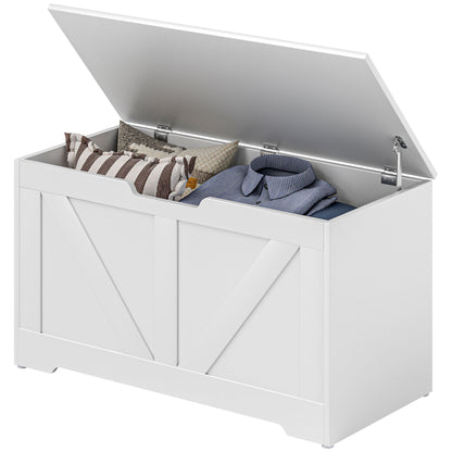 31.5 Inches Storage Chest, Storage Trunk with 2 Safety Hinges, Wooden Toy Box for Living Room, White Wood Grain Storage Cabinets   at Gallery Canada