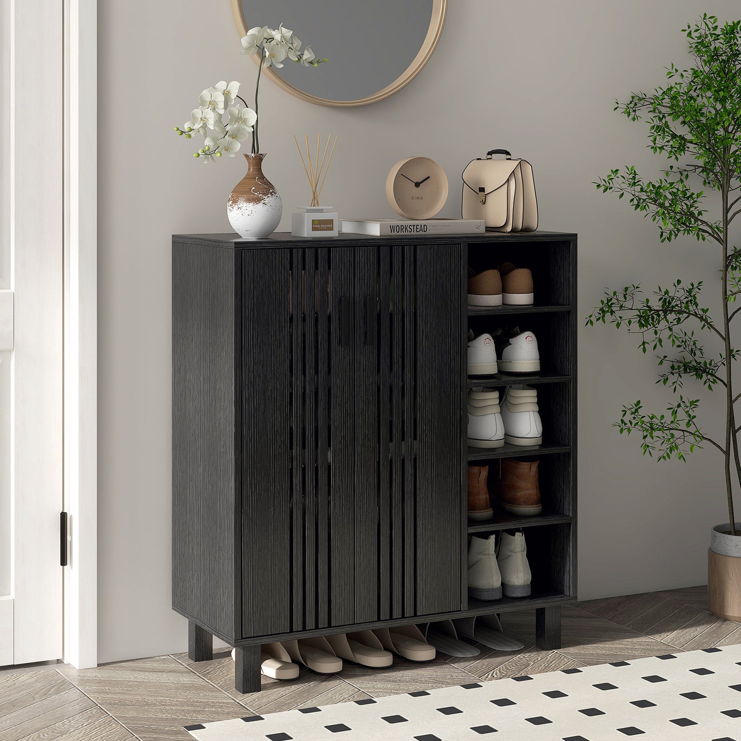 Shoe Storage with Double Doors and Open Shelves 17 Pair Shoe Storage Organizer for Entryway Hallway Black Shoe Storage Cabinets & Racks Black  at Gallery Canada