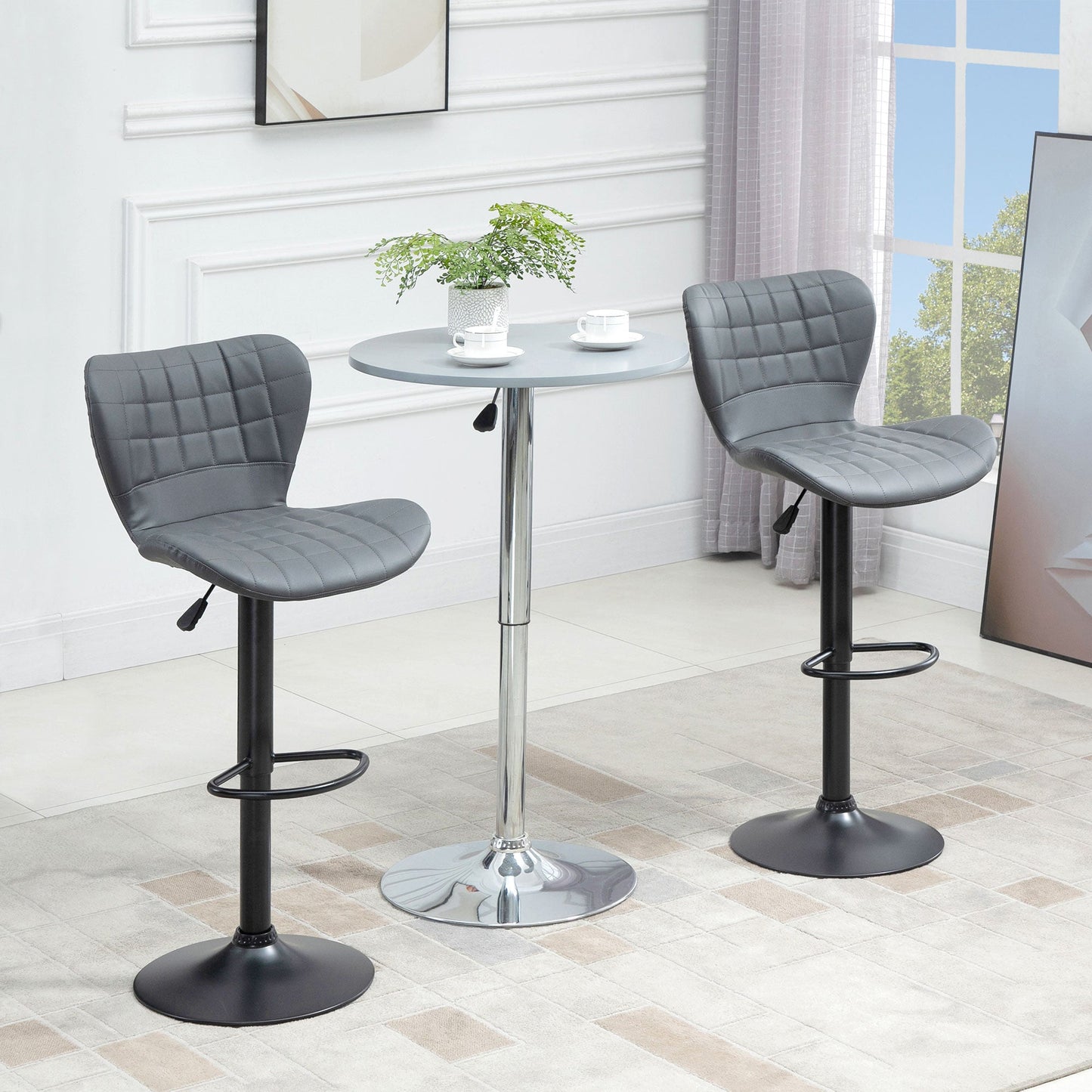 Bar Stools Set of 2 Adjustable Height Swivel Bar Chairs in PU Leather with Backrest &; Footrest, Grey Bar Stools   at Gallery Canada