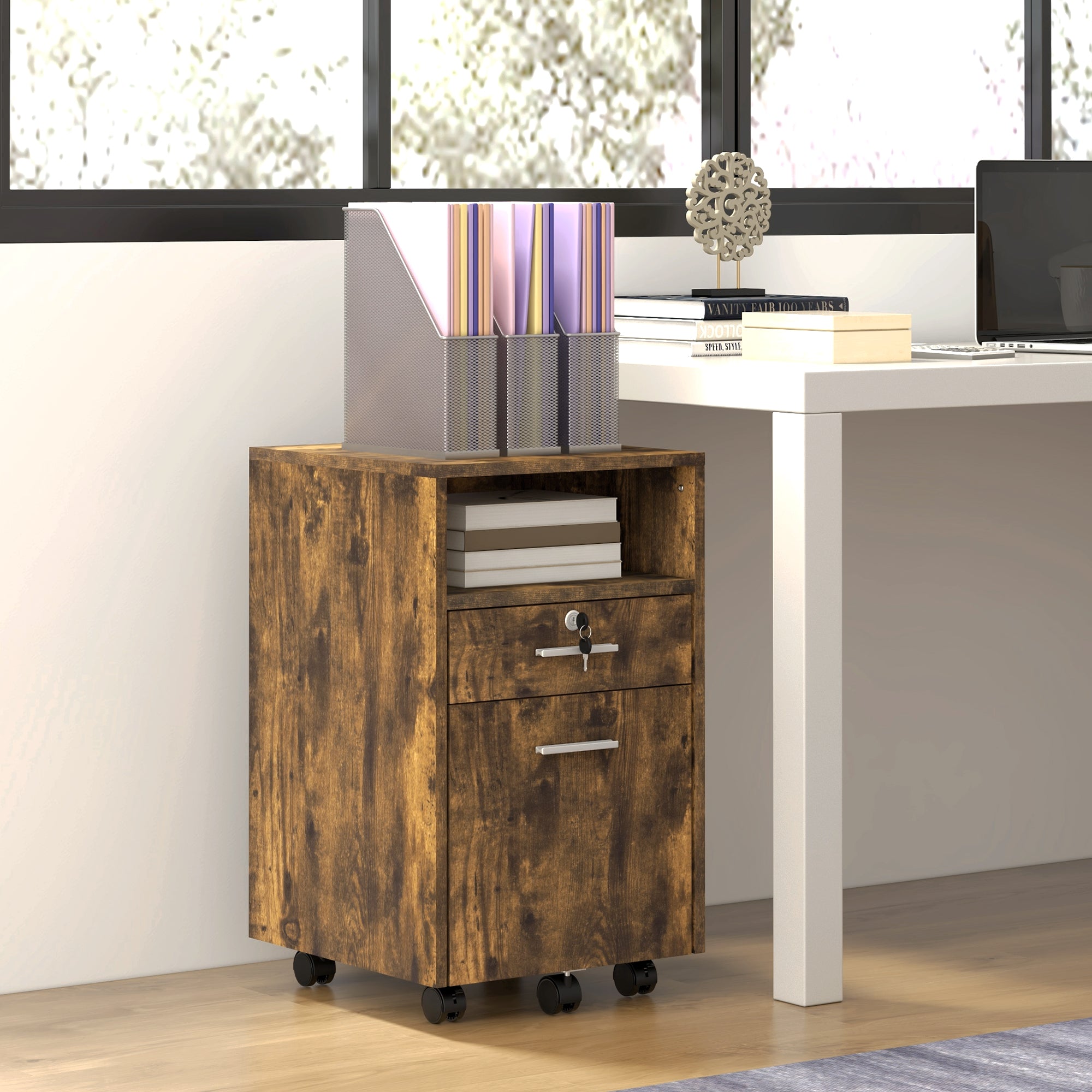 Small Filing Cabinet with 2 Drawers, Lockable Home Office Storage Cabinets on Wheels for A4, Letter Size, Rustic Brown Office Cabinets & Cupboards at Gallery Canada