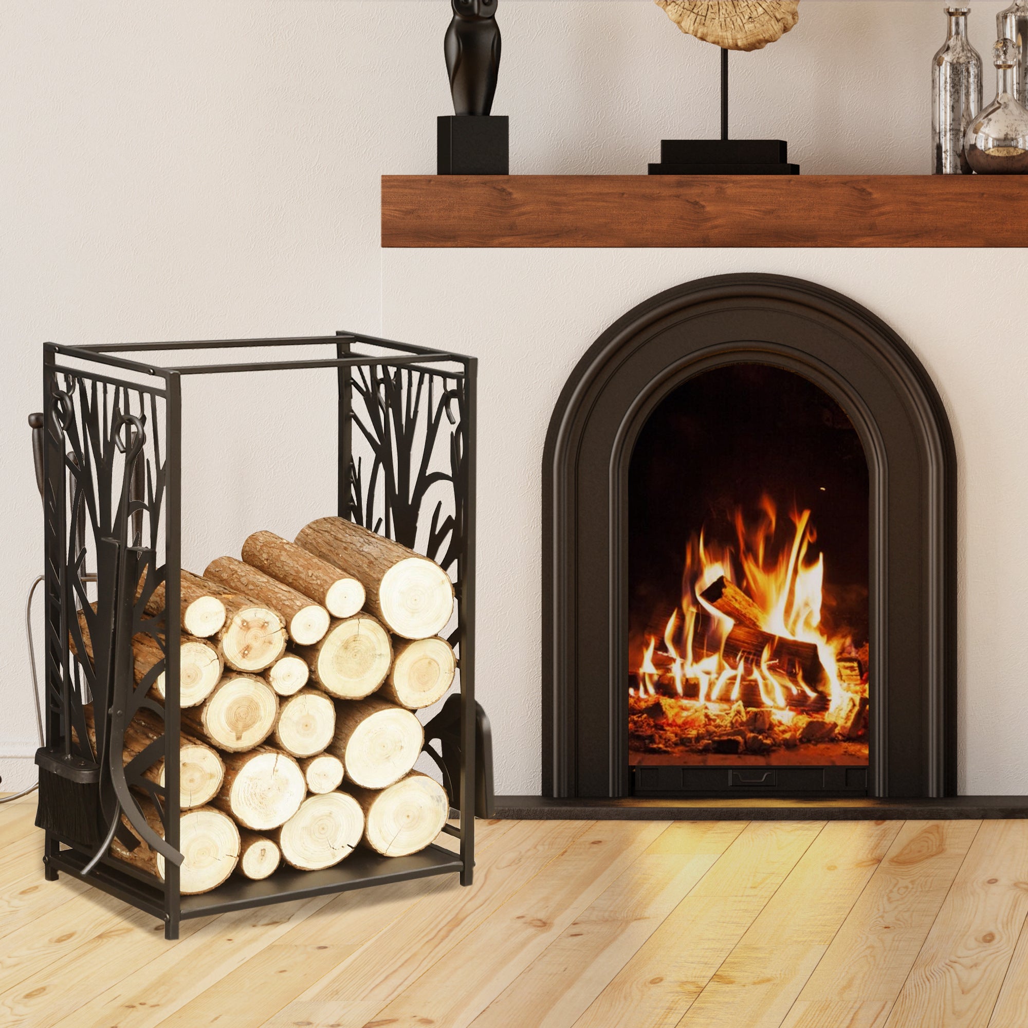Firewood Rack with 4 Tools, Log Holder for Fireplace, Outdoor Indoor Wood Storage Stacker, 18.1