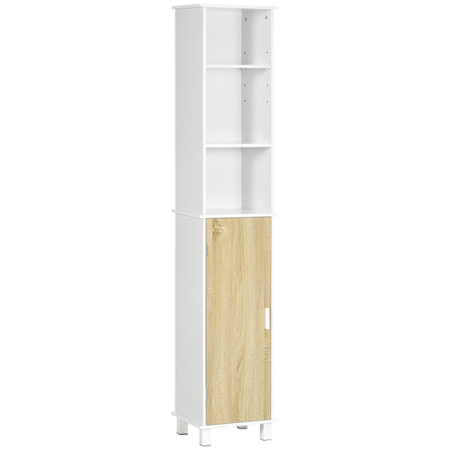 Tall Bathroom Storage Cabinet, Free Standing Bathroom Cabinet Slim Side Organizer w/ 3-Tier Open Shelf, Door, White
