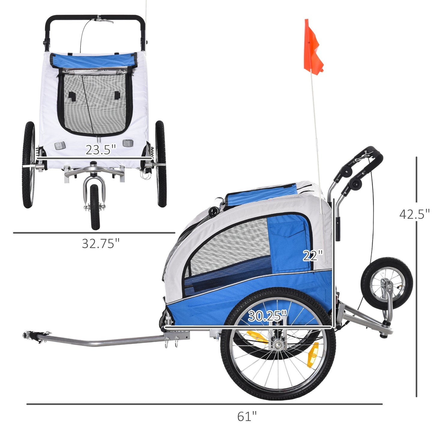 Dog Bike Trailer 2-In-1 Pet Stroller Cart Bicycle Wagon Cargo Carrier Attachment for Travel with Suspension, Hitch, Storage Pockets, Blue Dog Bike Trailers & Strollers Blue  at Gallery Canada