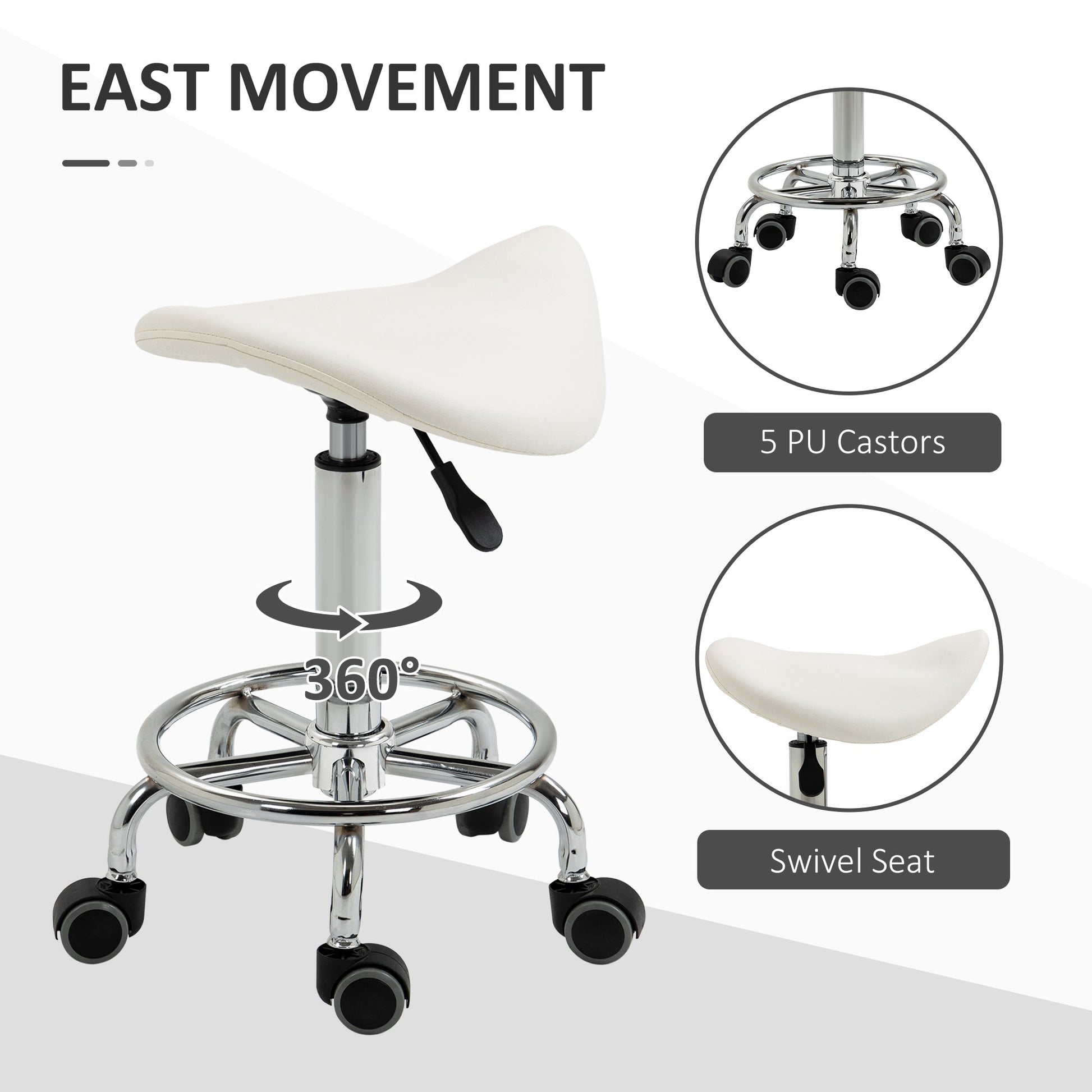 Saddle Stool, PU Leather Adjustable Rolling Salon Chair for Massage, Spa, Clinic, Beauty and Tattoo, White Salon Stools   at Gallery Canada