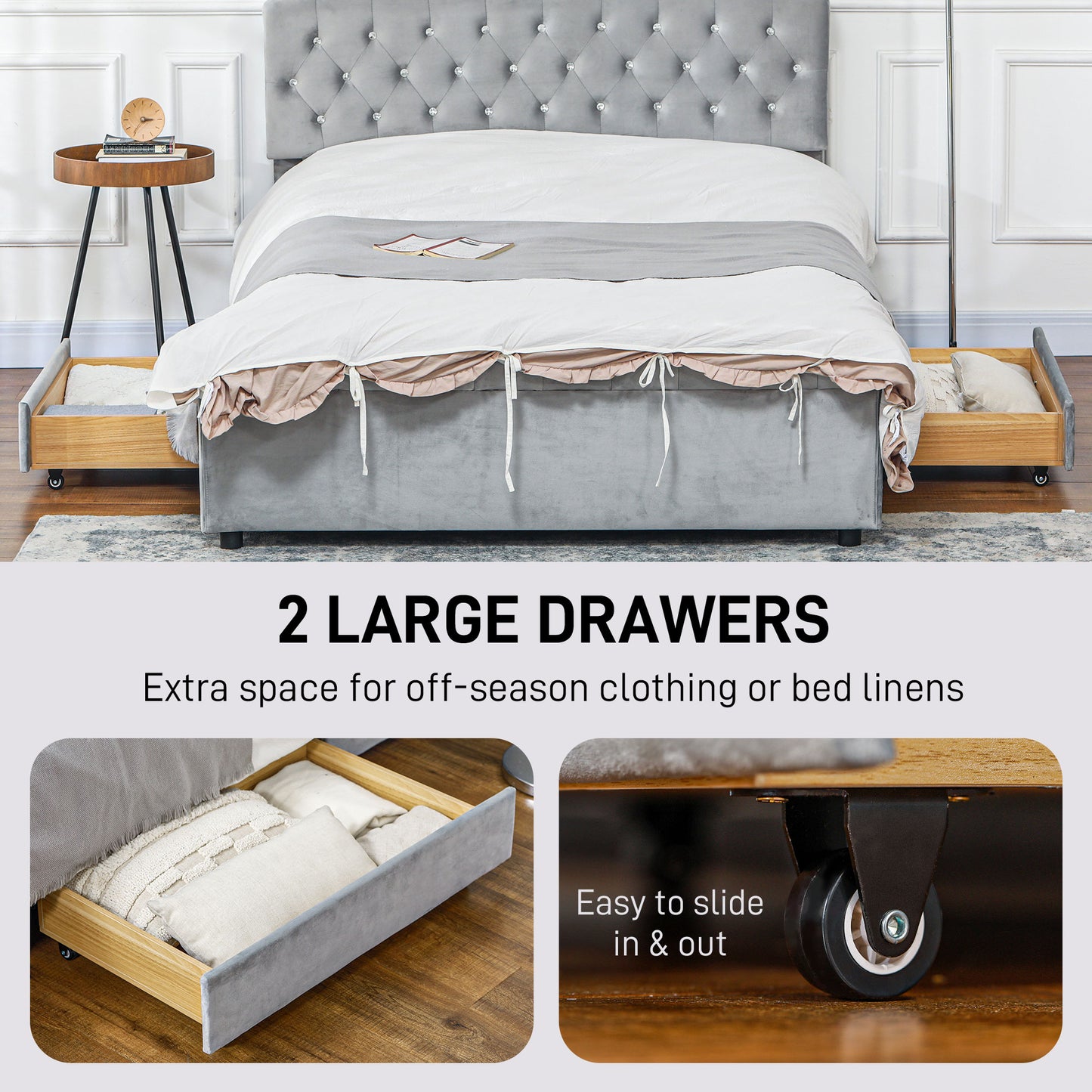 Full Bed Frame with Headboard, Double Bed Frame with 2 Drawers, No Box Spring Needed, Easy Assembly, Light Grey Bedroom Furniture   at Gallery Canada