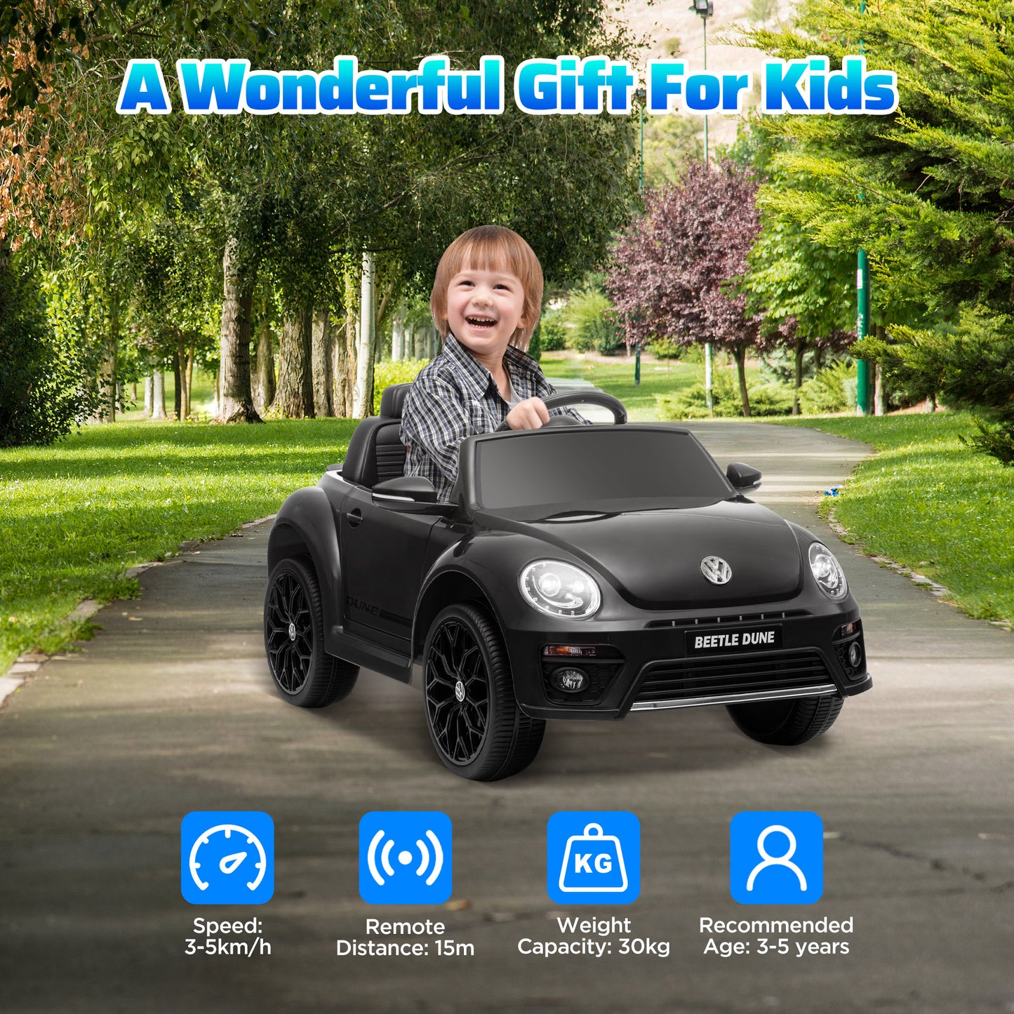 12V Volkswagen Beetle Licensed Electric Car for Kids w/ Remote Control, 4 Spring Suspension Wheels, Soft Start, Black Electric Toy Cars   at Gallery Canada