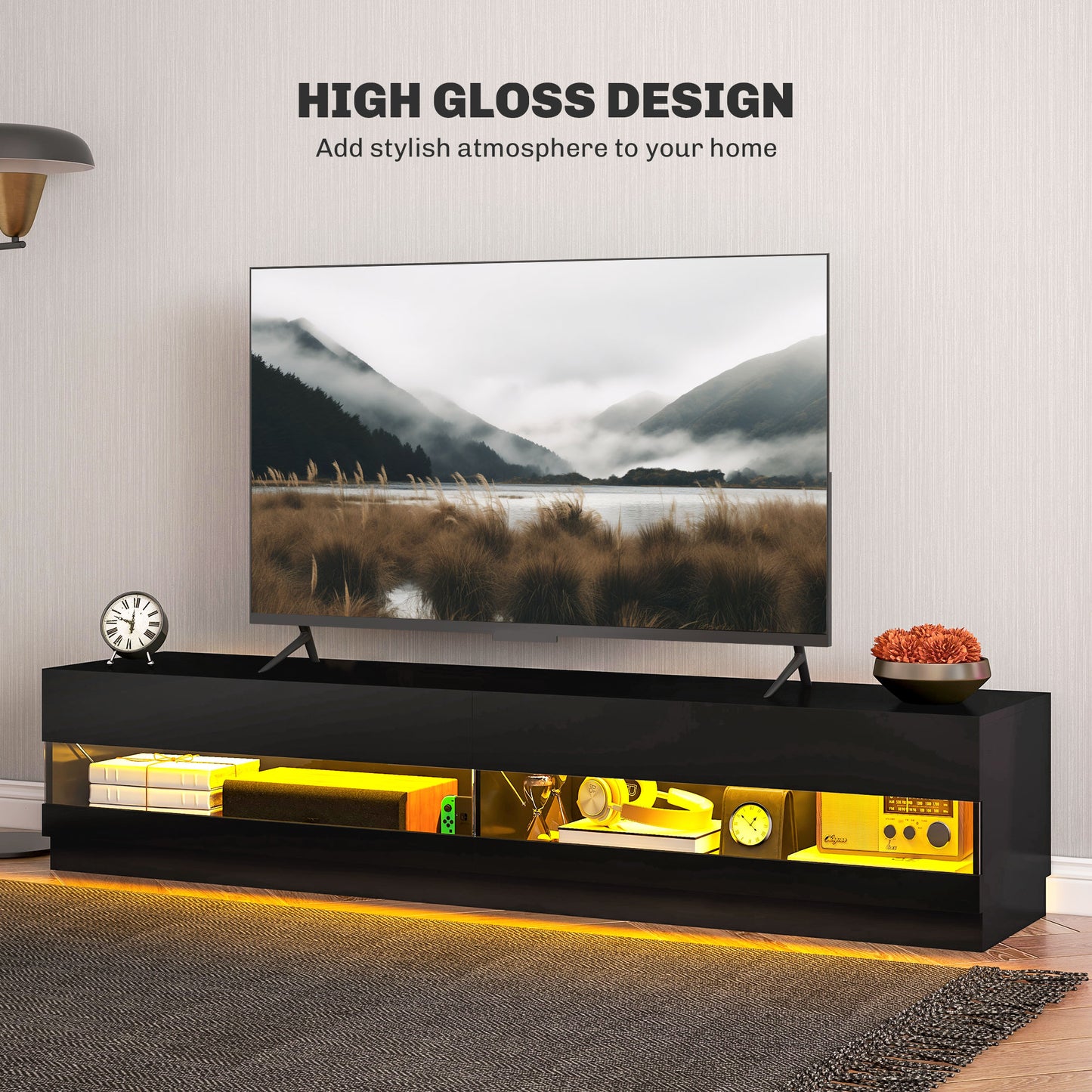 Lighted TV Stand for TVs up to 75", TV Cabinet with Storage for Living Room, High Gloss Black TV Stands   at Gallery Canada