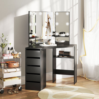 Makeup Vanity Desk with 3-Panel Mirror and 10 LED Lights, Dressing Table with 5 Drawers and Shelves for Bedroom, Black Dressing & Vanity Tables at Gallery Canada