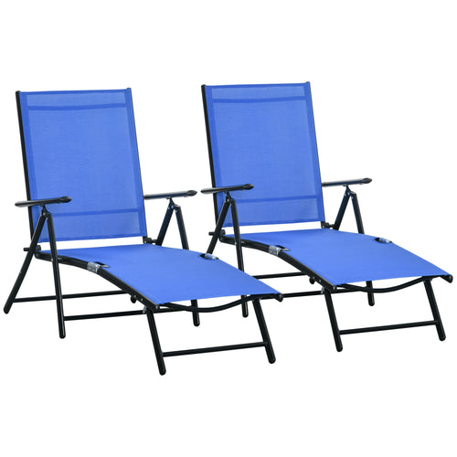 Outdoor Set of 2 Lounge Chair, Folding Reclining Garden Sun Lounger with Metal Frame, Adjustable Backrest for Patio, Deck, and Poolside, Blue