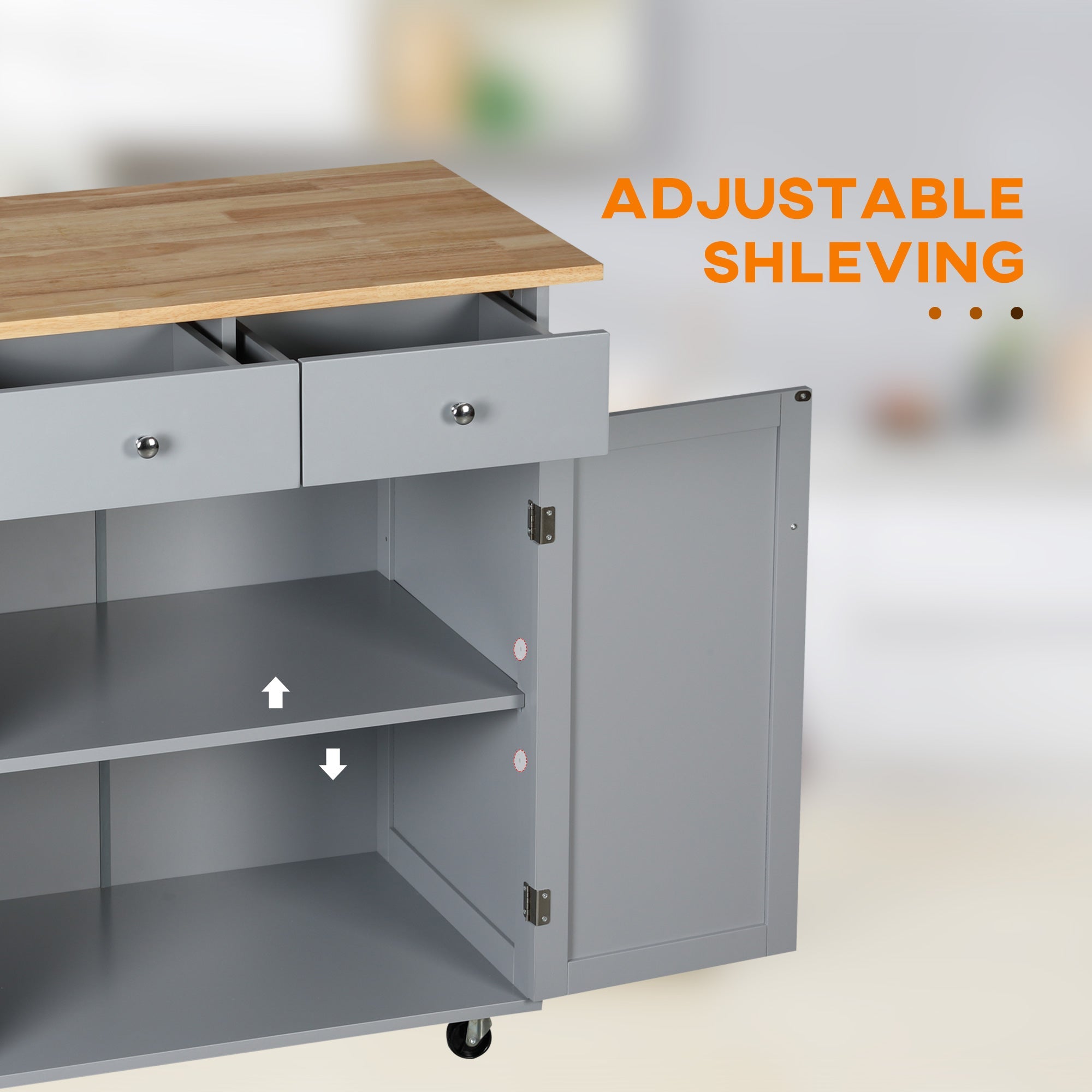 Rolling Kitchen Island with Storage, Kitchen Cart with Rubber Wood Top, Adjustable Shelf, Towel Rack, Hooks and Storage Drawers, Grey Kitchen Islands & Kitchen Carts   at Gallery Canada