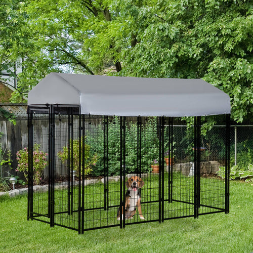 8' x 4' x 6' Large Outdoor Dog Kennel Steel Fence with UV-Resistant Oxford Cloth Roof &; Secure Lock