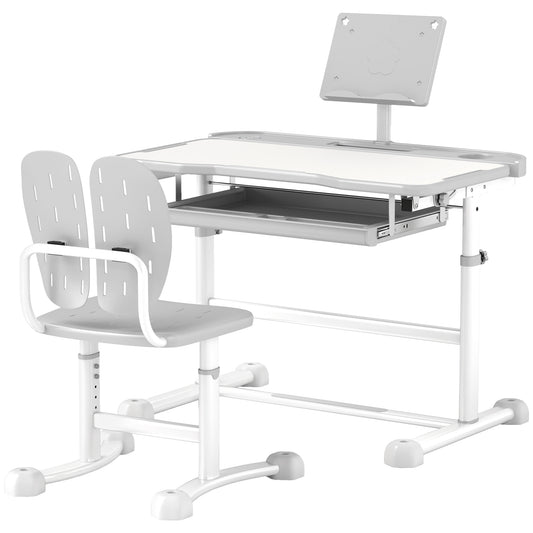 Height Adjustable Kids Desk and Chair Set with Tilt Desktop, Large Writing Board, Storage Drawer, Book Stand, Grey Kids Desk Sets   at Gallery Canada