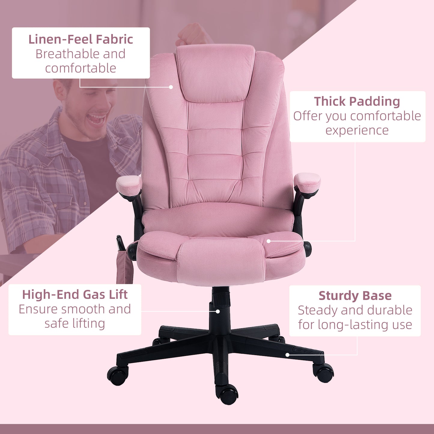 6 Point Vibrating Massage Office Chair High Back Executive Chair with Reclining Back, Swivel Wheels, Pink Massage Chairs   at Gallery Canada