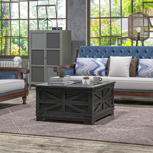 Farmhouse Coffee Table, Square Center Table with Flip-top Lids, Hidden Storage Compartment, Black